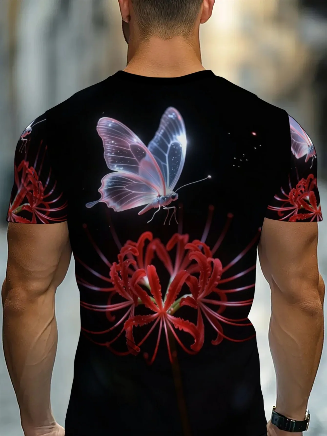 Men Red Spider Lily Glowing Butterfly Print Crew Neck T Shirt Black Short Sleeve Casual Streetwear Tops