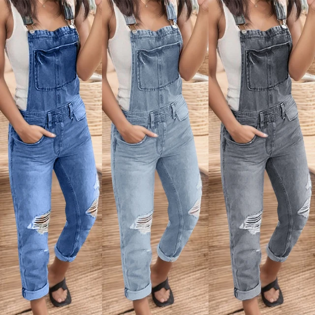 Tute per le donne salopette di Jeans con bretelle in Denim lavato elegante tute di Jeans strappate pagliaccetti Combinaison Femme muslimah AliExpress