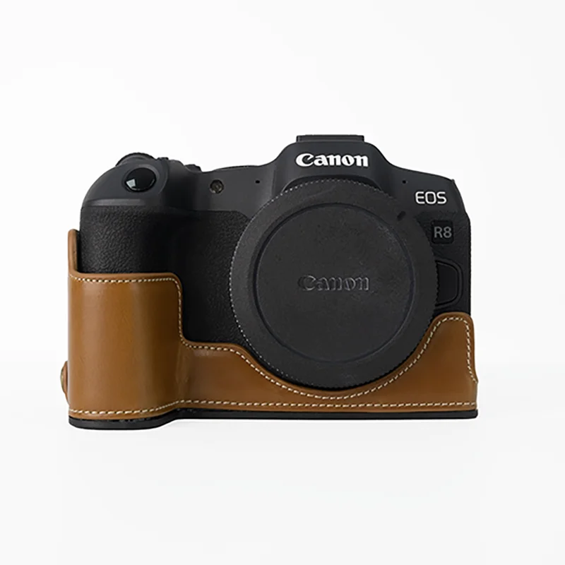 Camera Video Bag Oil Skin Case Half Body Base Protector for Canon EOS R8 EOSR8 Protective Opening Bottom Cover with Wrist Strap