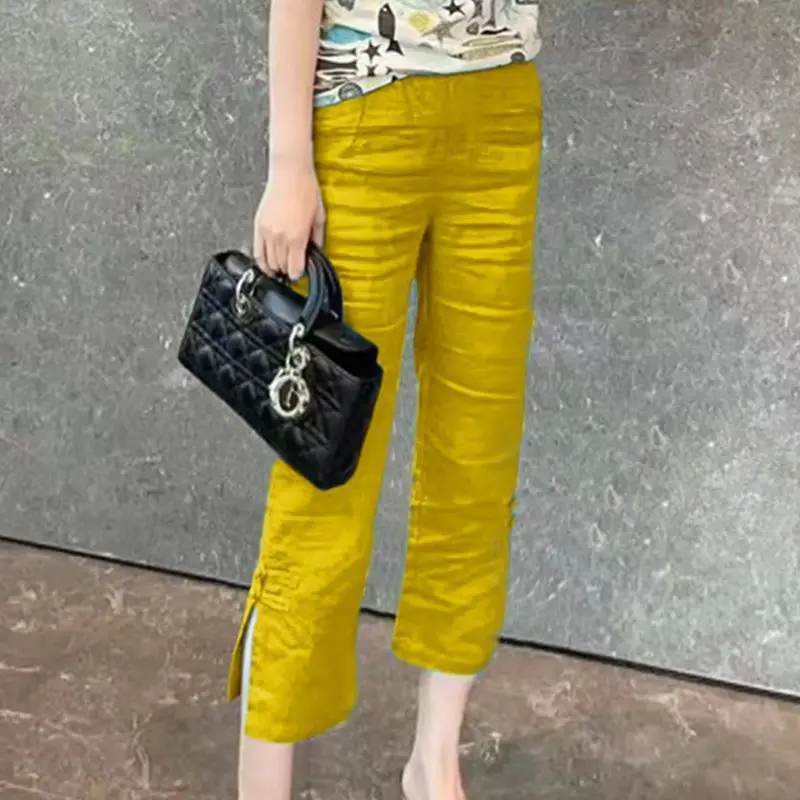 Summer Casual Loose Fit Slimming Linen Cropped Wide Leg Pants With Slit And Button Detail New Chinese Style High Waist Trousers