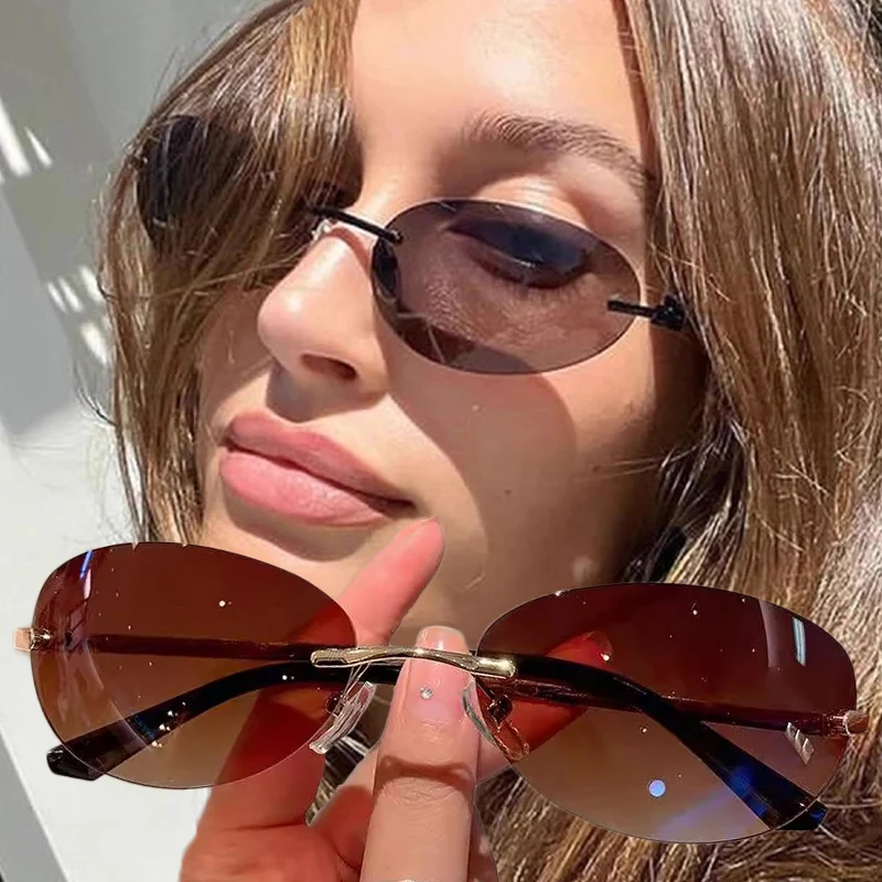 

Rimless Sunglasses Women Fashion Oval 2000'S Brand Designer Sun Glasses Y2k Wrap Around Transparent Eyewear Gradient Shades
