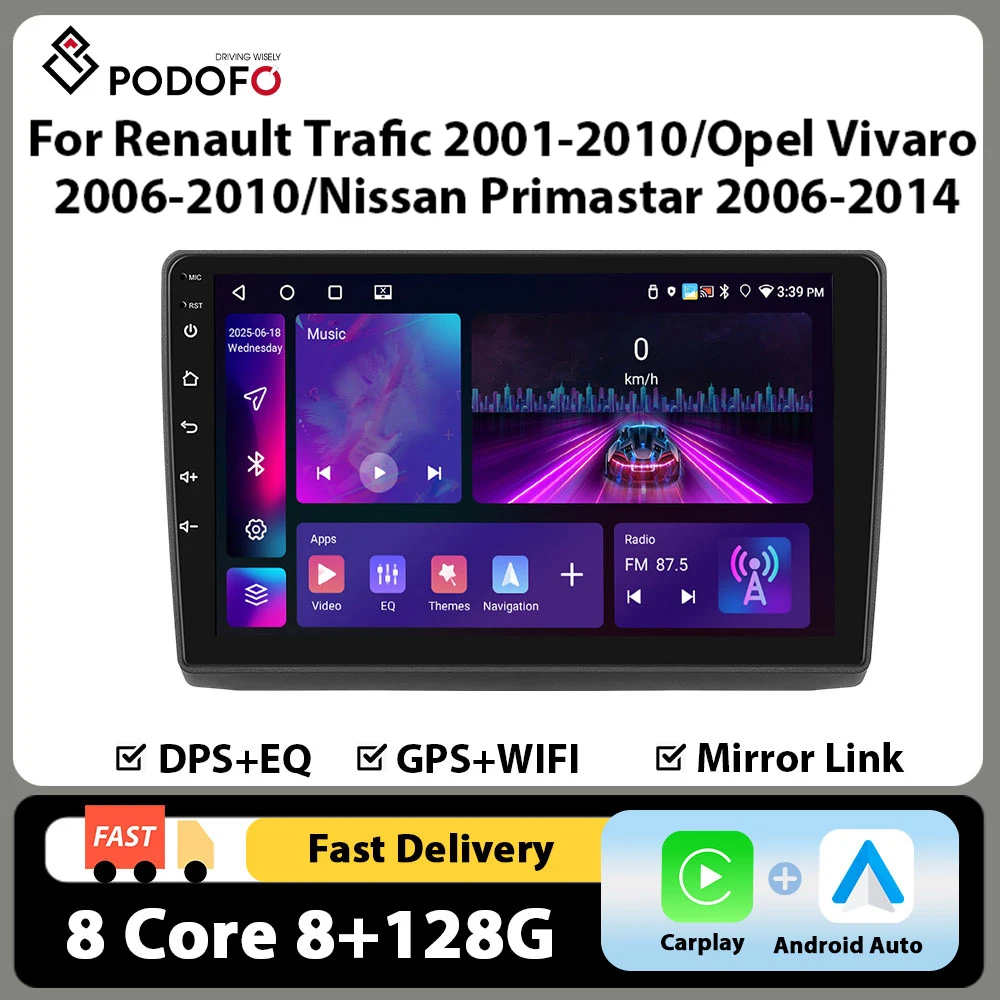 Radio para coche Podofo de 10'' con Android Auto para Renault Trafic 2001-2010/Opel Vivaro 2006-2010, reproductor de coche con Carplay, 4G WIFI, 8+128G y control por voz con IA.