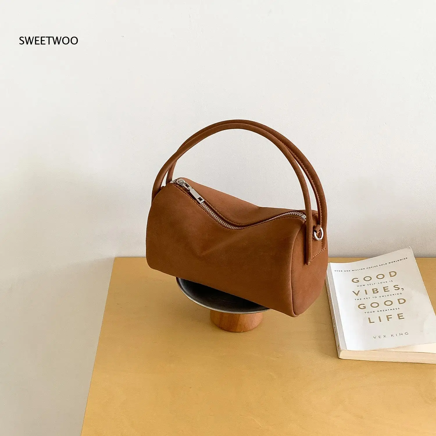 

Vintage Suede Mini Boston Bag Curved Top Handle Silver Zip Closure Removable Crossbody Strap Retro Cylinder Handbag