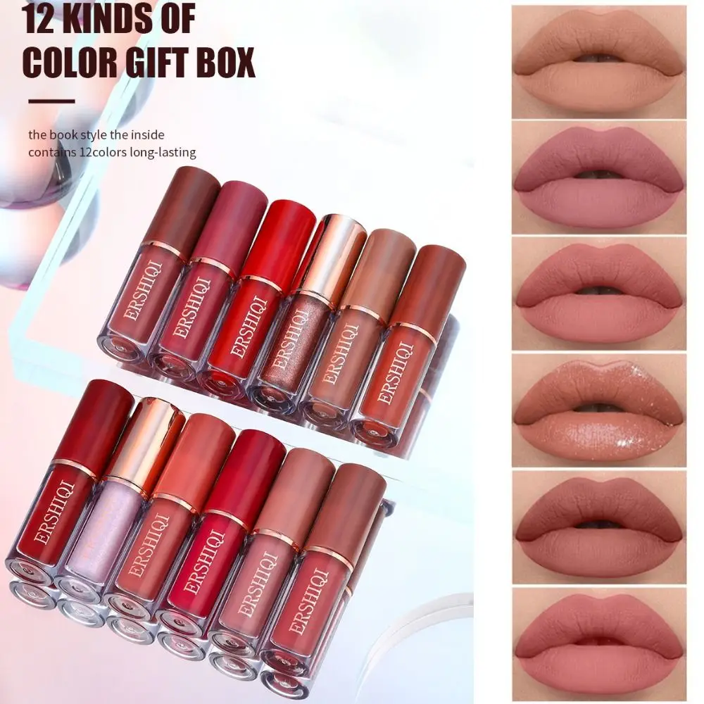 

12PCS Soft Mist Matte Velvety Lip Glaze Long-lasting Not Fading Matte Lipstick Suit Easy To Color Non-Stick Cup Liquid Lipstick