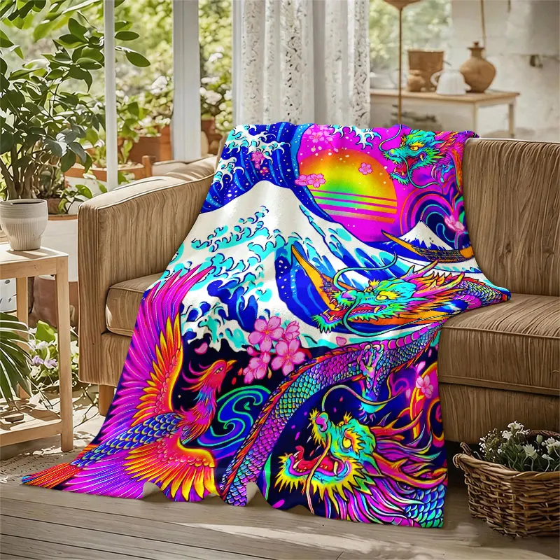 Dragon Phoenix Wave Flannel Blanket Warm Soft Halloween Christmas Decorative Couch Warm Cozy All-Season Gift