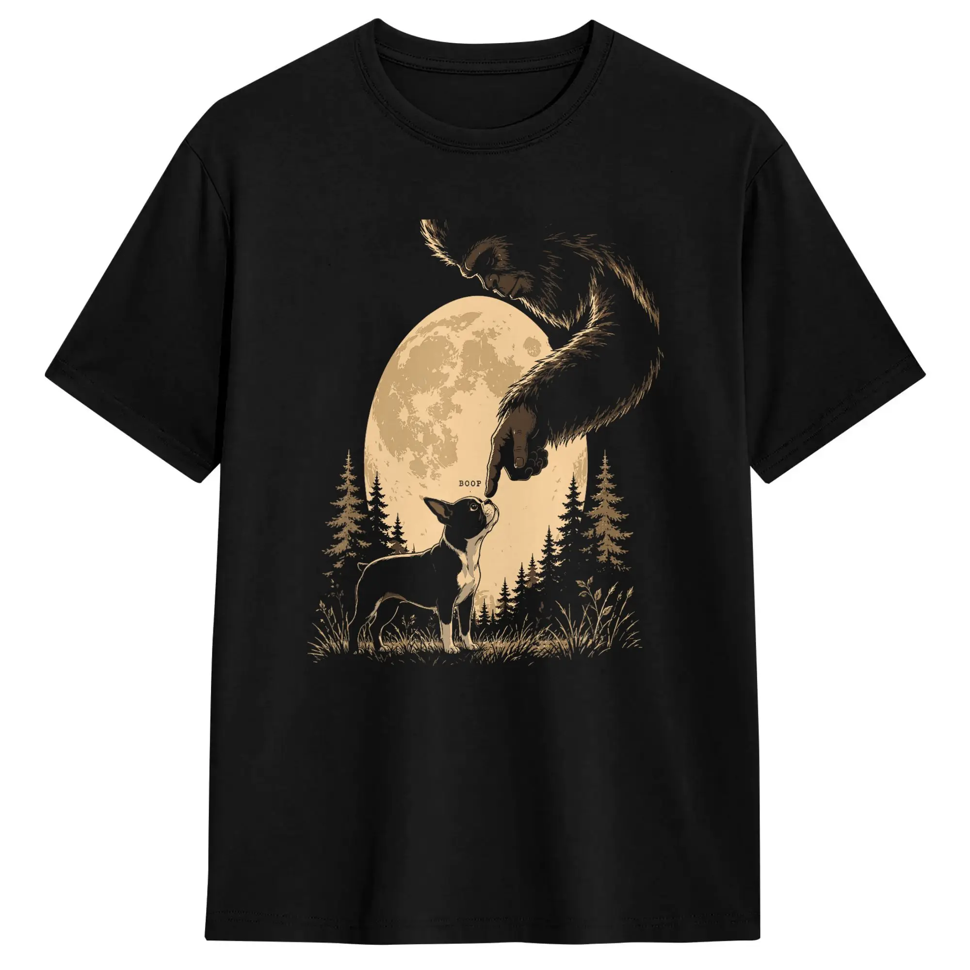 Men's Fun Hand Boop Nose Bigfoot Sasquatch Boston Terrier Moon T Shirt  Pure Cotton Clothes Funny Short Sleeve Round Neck Tee