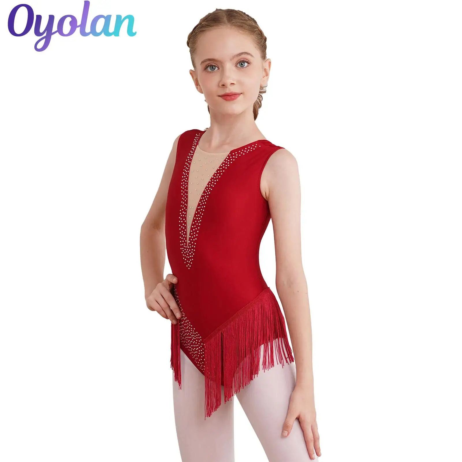 

Детский костюм для девочек с блестящими стразами, гимнастический художественный костюм для фигурного катания, танцевальный костюм с кисточками, балетный трико, боди