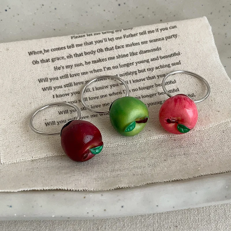 Minar Cute Romantic 3 Designs Green Red Foam Apple Leaf Simulation Fruit Cocktail Ring for Women Silver Plated Finger Rings