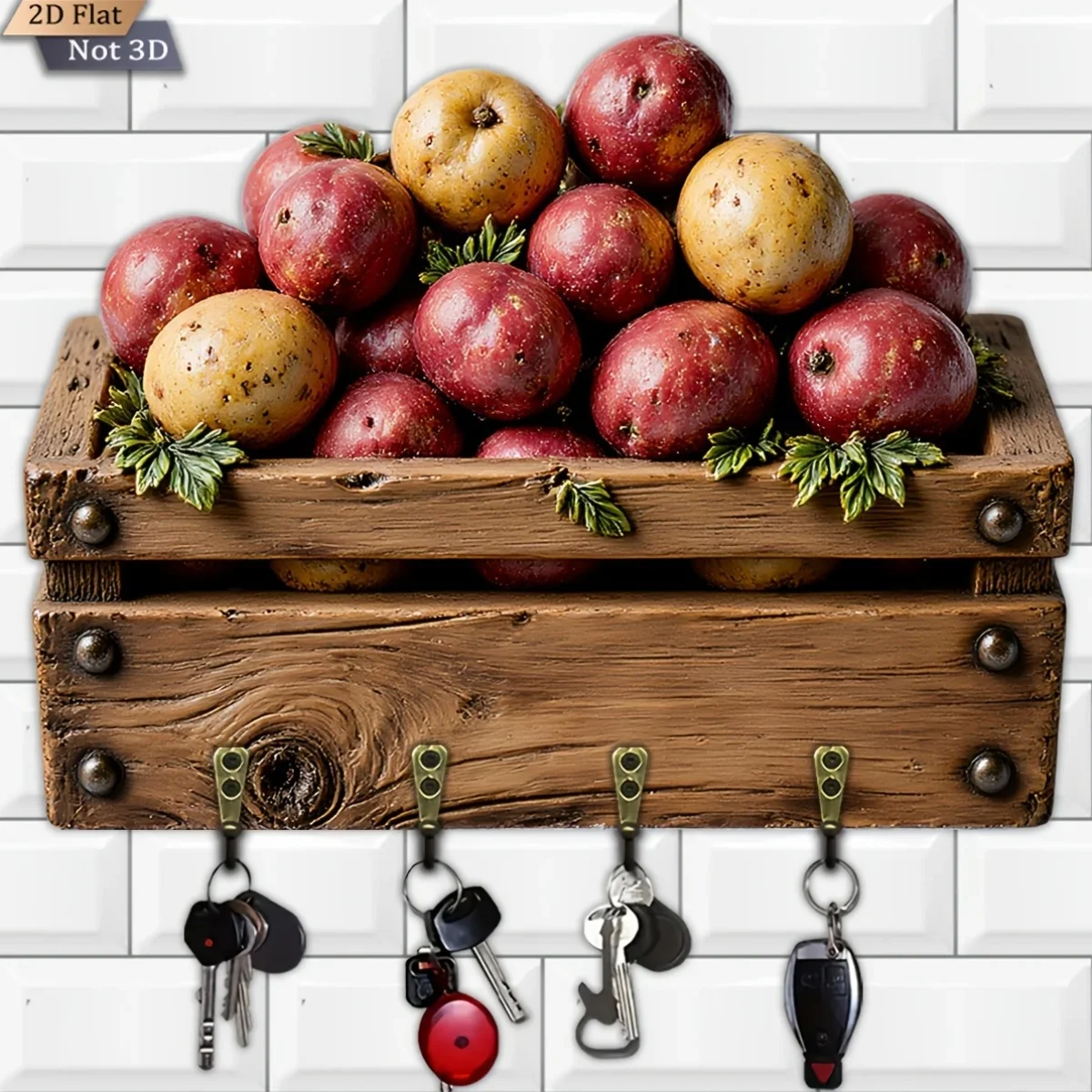 2D Flat, 1pc, Vintage Pastoral Key Hook Wooden Multifunctional Home Key Hanger with Four Metal Hooks, Wall Decor, Porch Decor,