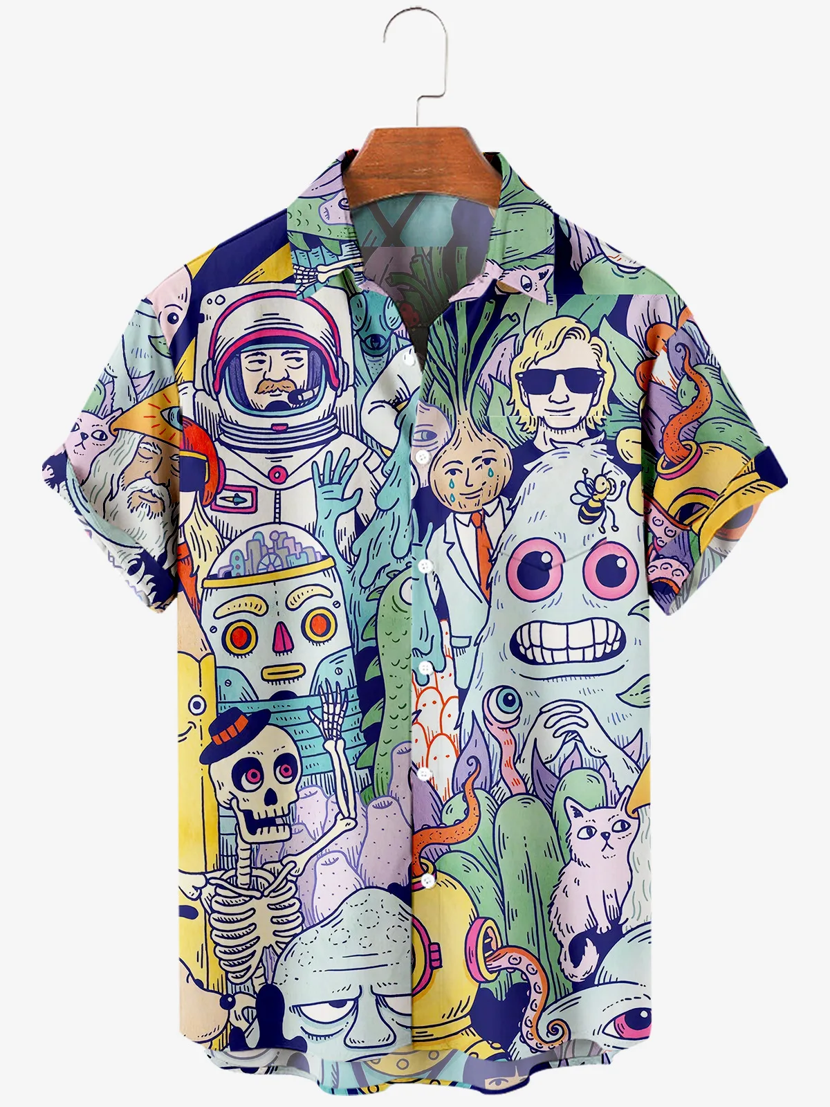 

Новые карманные рубашки для мужчин, американские мультяшные принты Kawaii, крутые повседневные топы с короткими рукавами, летняя одежда