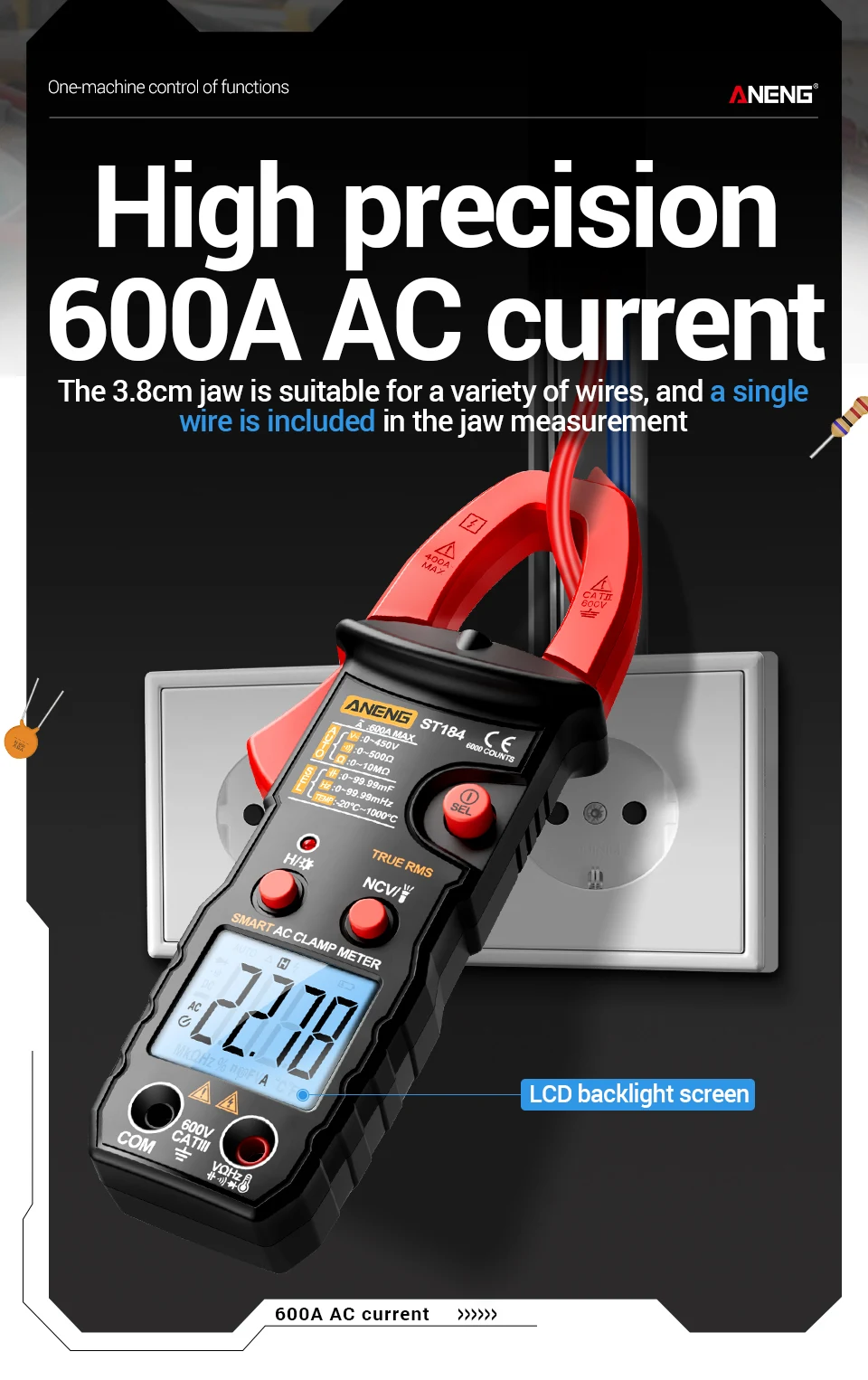 ANENG ST184 Digitalmultimeter, Zangenmessgerät, True RMS 6000 Zählungen, professionelle Messgeräte, AC/DC-Spannung, Wechselstrom, Ohm-Werkzeug – Detail 4