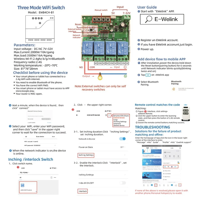 Ewelink Bluetooth Switch Relay Module+Remote 7-32V On Off Controller 4CH 2.4G Wifi Remote For Alexa