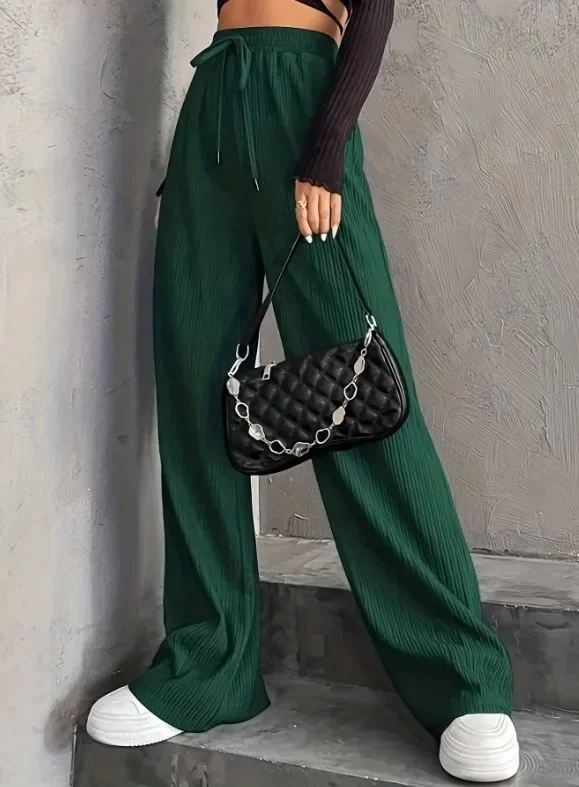 

Autumn Fashion New Women 2023 Casual Drawstring High Waist Wide Leg Pants Solid Color Pocket Commuting Style