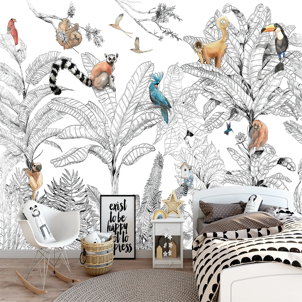 Custom 3D Wallpaper Mural Black And White Tropical Rainforest Animals And Plants  Living Room Background Wall Decoration