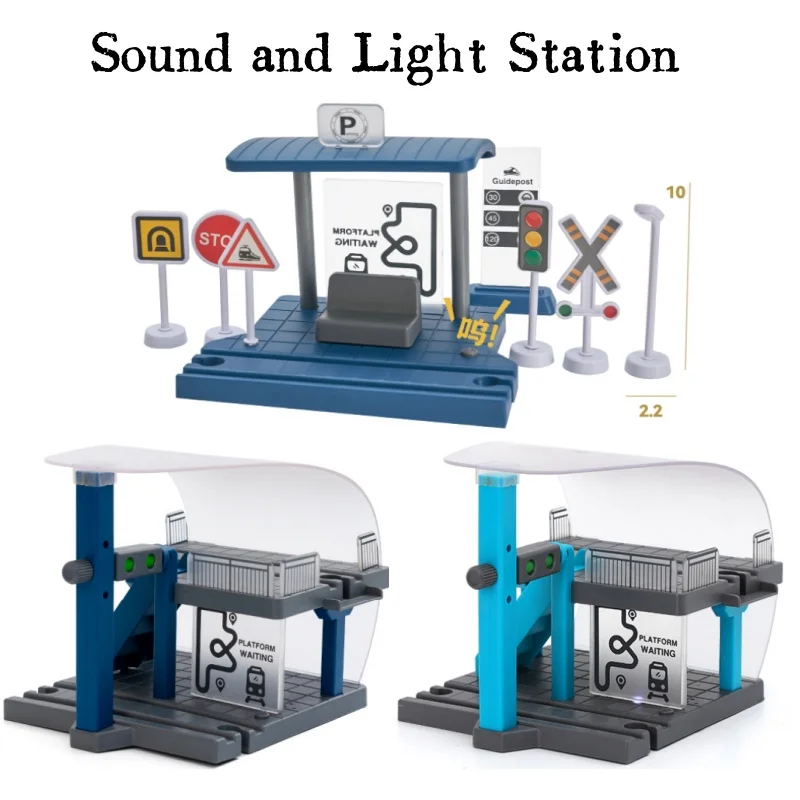 DIY Sound Light Toy Tram Station Scene Accessories Assembly Building Block Wooden Railway Train Tracks