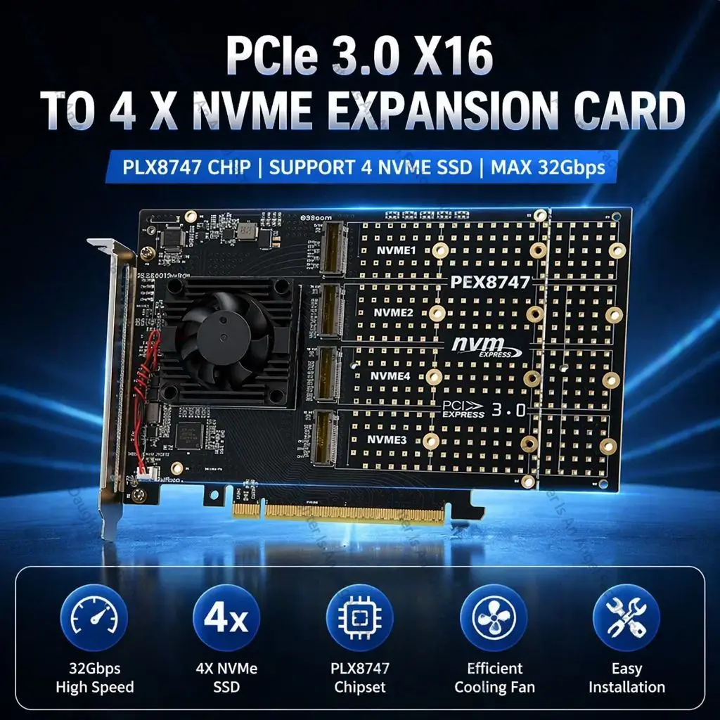4-port M.2 NVMe Solid State Drive PCIe X16 Adapter with PLX8747 PCI E 3.0 X16 Switch To 4
