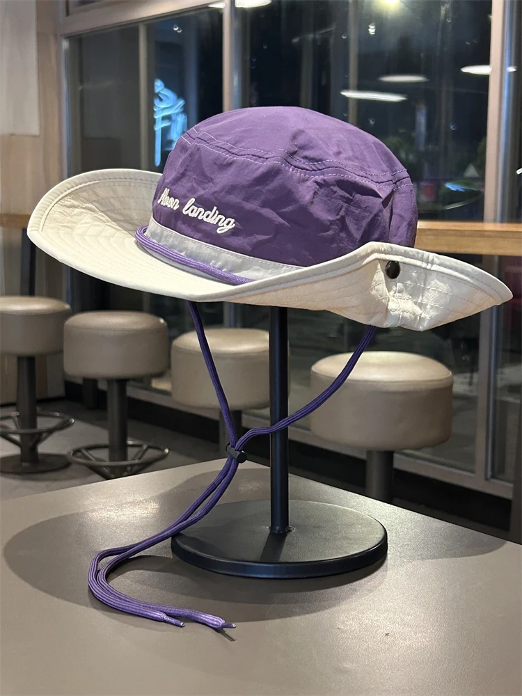 

Outdoor Letter Embroidery Fisherman Hat Summer Wide Brim Drawstring Hiking Hat Western Cowboy Sun Protection Sunshade