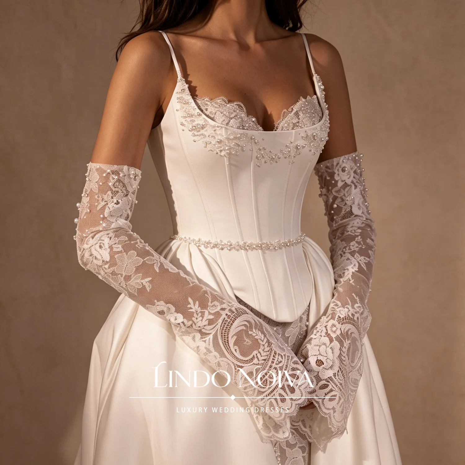 LINDO NOIVA Couture 2-in-1 Wedding Dress Detachable overskirt Mermaid Gown Long Sleeve Vestidos De Novia Lace-up back style