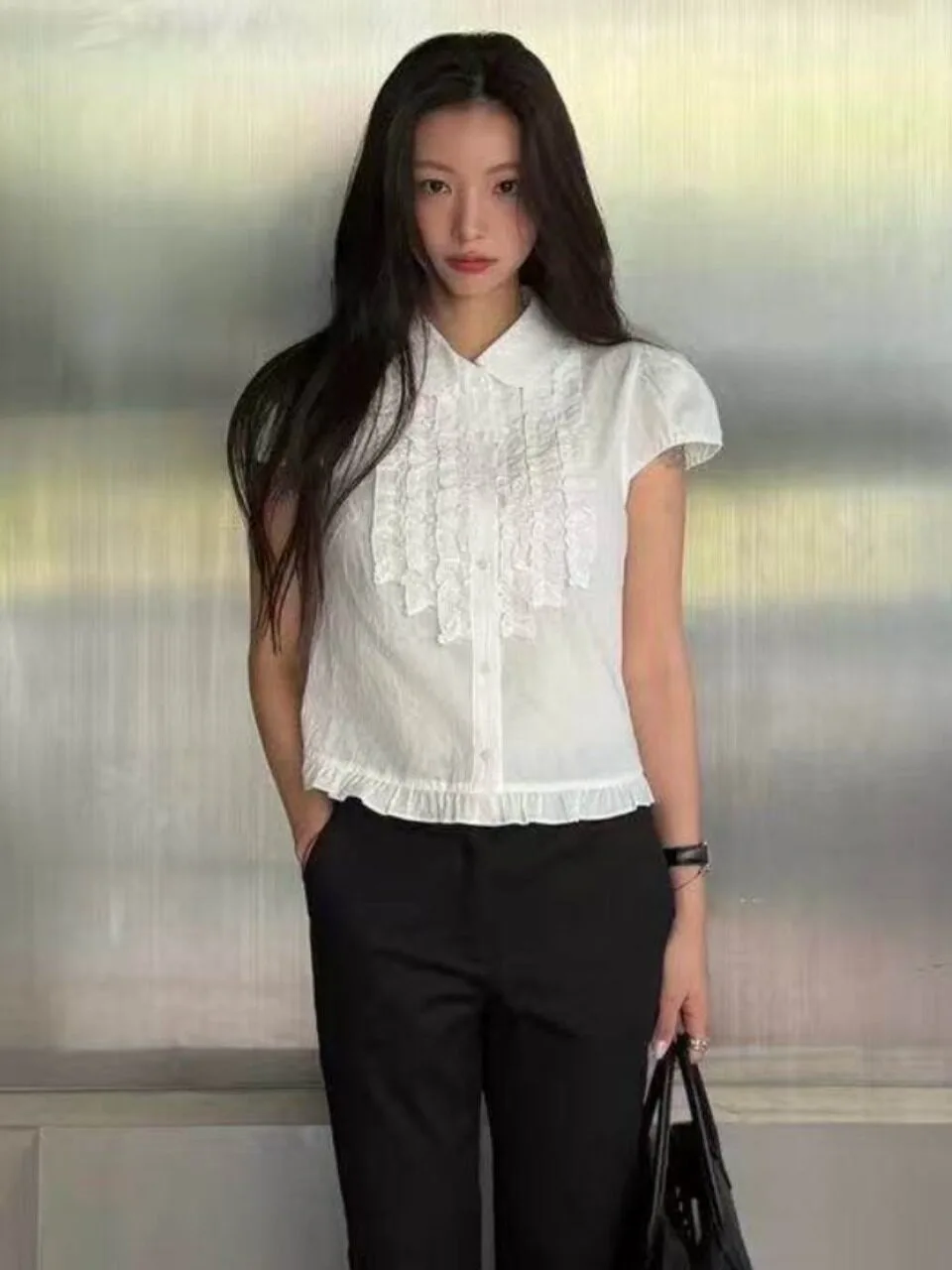 Sweet Adorable Versatile Bloggers Style Pleated Shirt Stand Collar Single Button Lace Trim Spring Autumn Winter Women's Fashion
