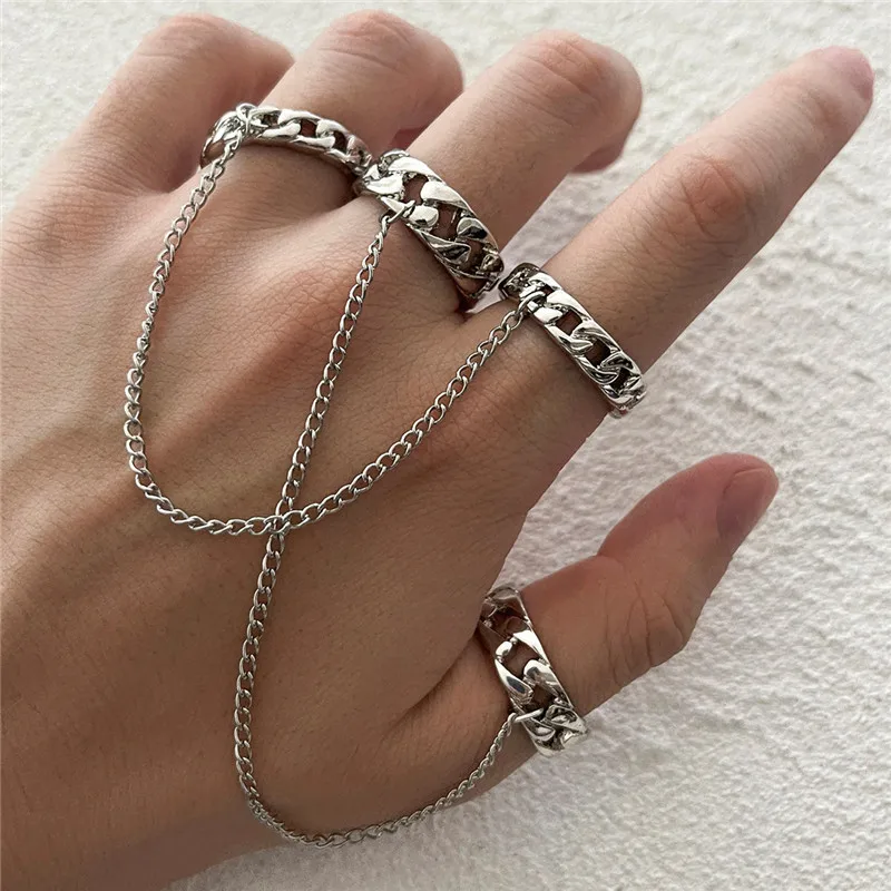 Punk Geometric Silver Color Chain Wrist Rings for Women and Men, Charm Hip Hop Chain Open Rings Set, Couple Fashion Jewel