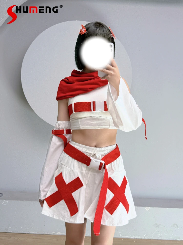 

Оригинальный японский милый крутой механический будущий синий и белый шарф, жилет и юбка, комплект для девочек, женские Y2K, красно-белые наряды