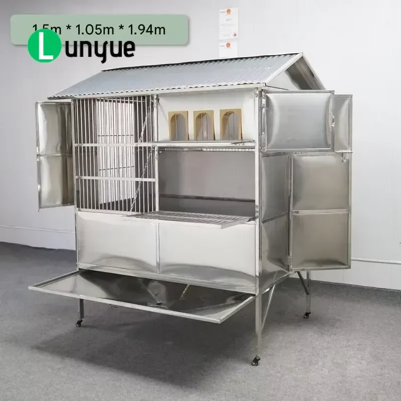 Large Stainless Steel Pigeon Breeding Cage All-Weather Metal Bird Loft with Wheels Pull-out Trays for Racing Pigeons Durable