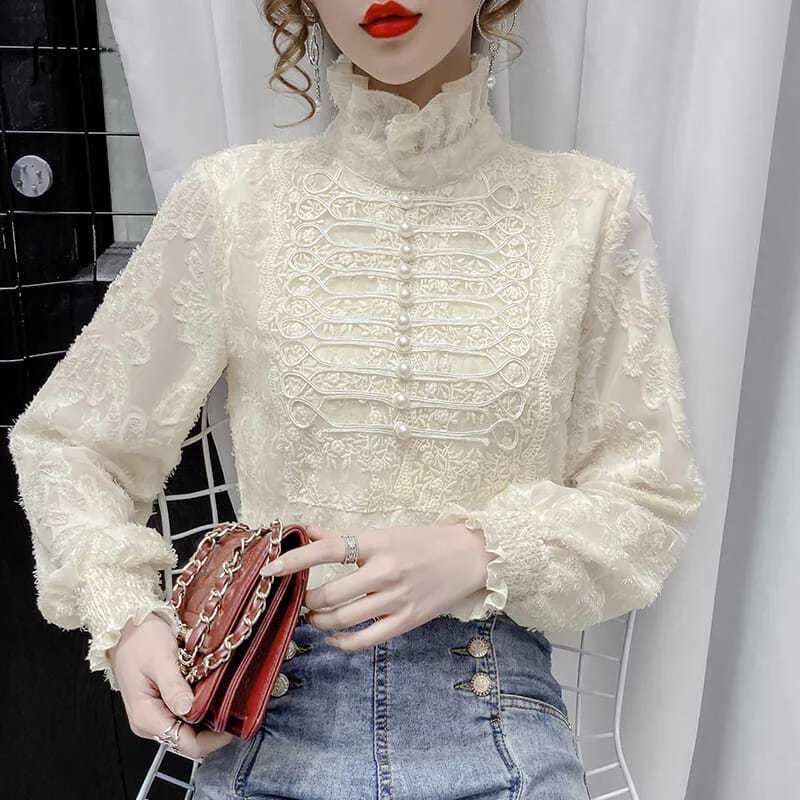 Elegant Vintage Beading Ruffles Woman Blouses 2023 Spring Office Ladies Commute Lace Hook Flower Hollow Pullovers Women\'s Shirts