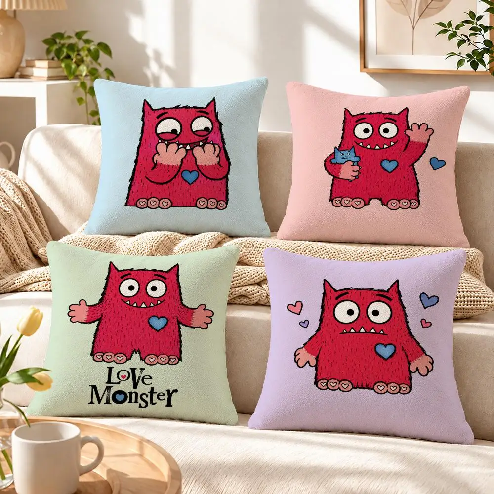 Character Love Monster Cushion Cover Soft Short‑Plush Pillowcase, Decor for Sofa & Bedroom, Perfect Holiday Gif