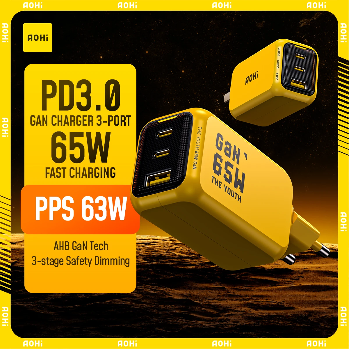 AOHI THE YOUTH  65W GaN Charger Type C PD Charger 3-Port USB Charger with QC4.0 Portable Fast Charger For iPhone /Laptop /Tablet