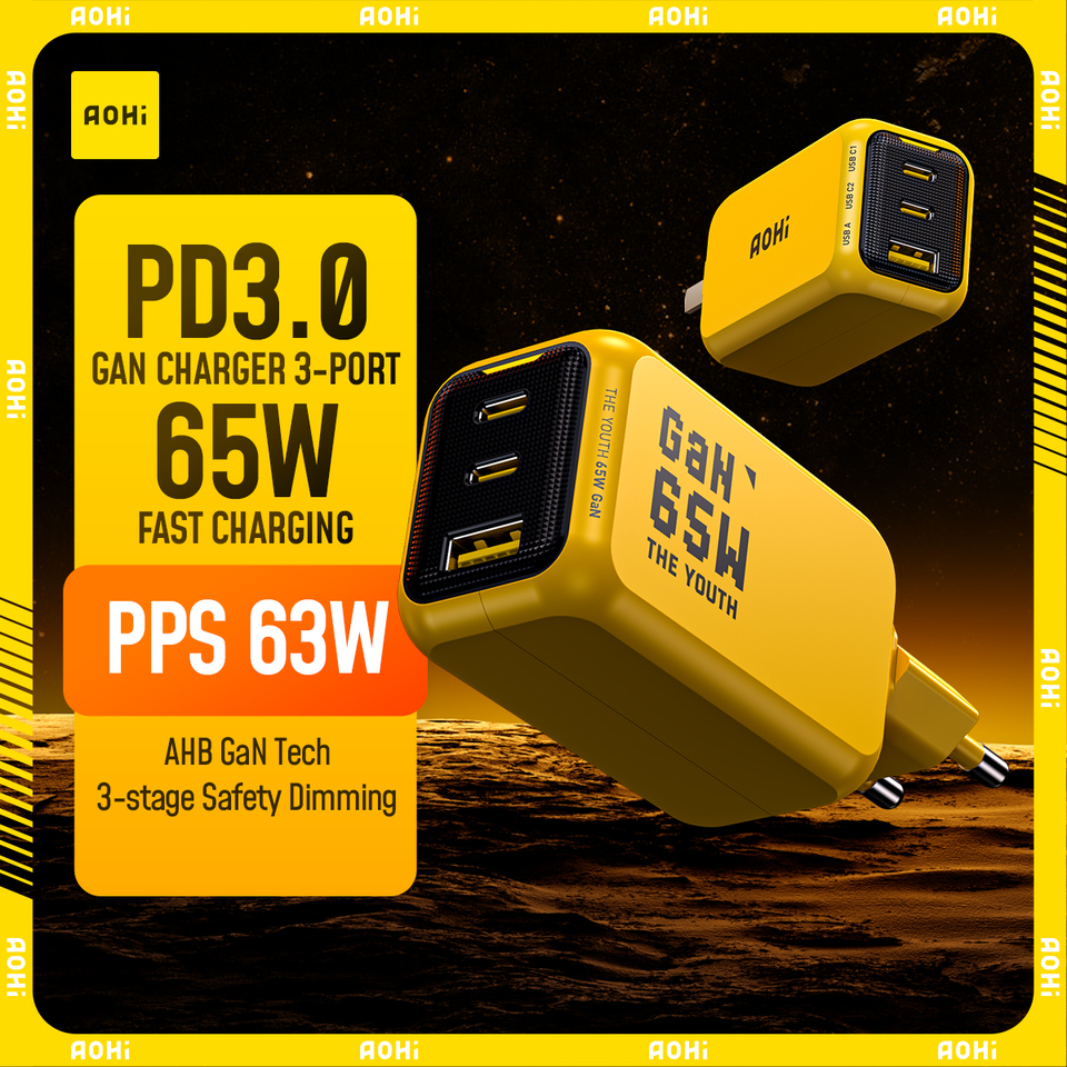  AOHI THE YOUTH  65W GaN Charger Type C PD Charger 3-Port USB Charger with QC4.0 Portable Fast Charger For iPhone /Laptop /Tablet 