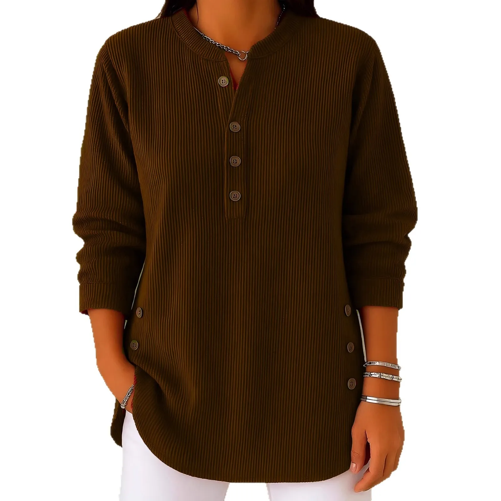 Women's Corduroy Solid Color Loose Fit Round Neck Button Front Long Sleeved Shirt Elegant Oversized T-Shirt Top with Hemmed