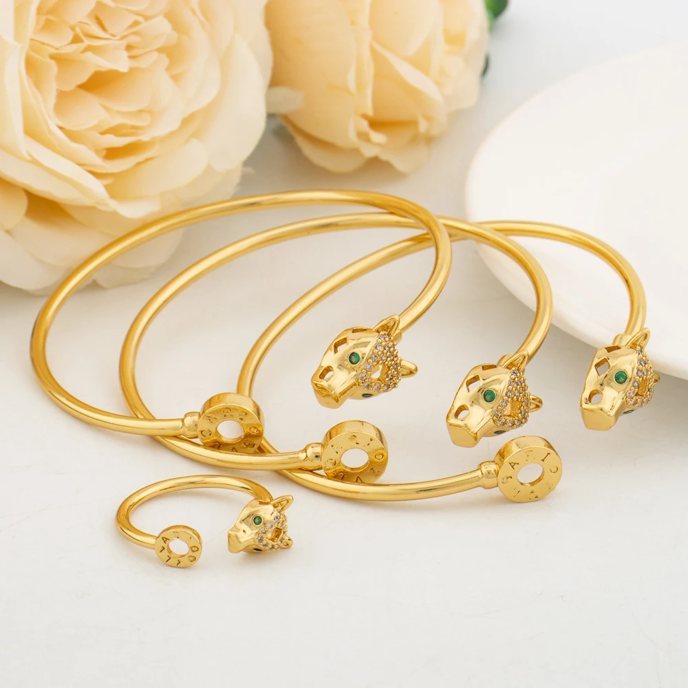 3PCS Leopard Head Cuff Bangle with Ring Dubai Luxury Charm Gold Color Charm Bracelets Open Ring Zircon Wedding Jewelry Gifts