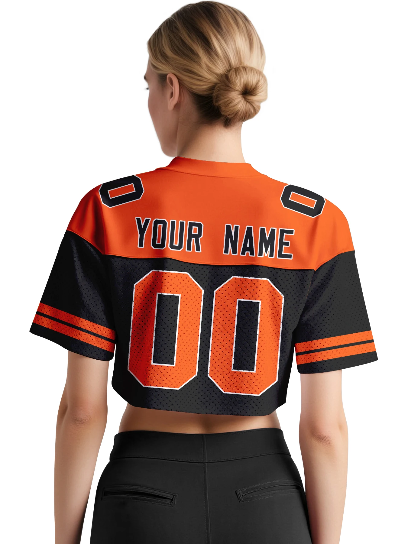 Custom American Football Crop Jersey Black Orange Personalized Team Name Number Cheerleader Football Top for Women