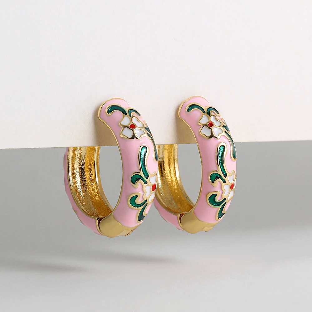 Colorful Enamel Flower Small Hoop Earrings Trendy Geometric Statement Round Circle Huggie Earring Vintage Jewelry Brincos