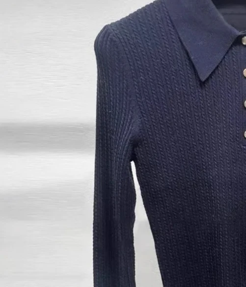 

Женский темно-синий свитер с лацканами и длинными рукавами, облегающий модный повседневный женский топ