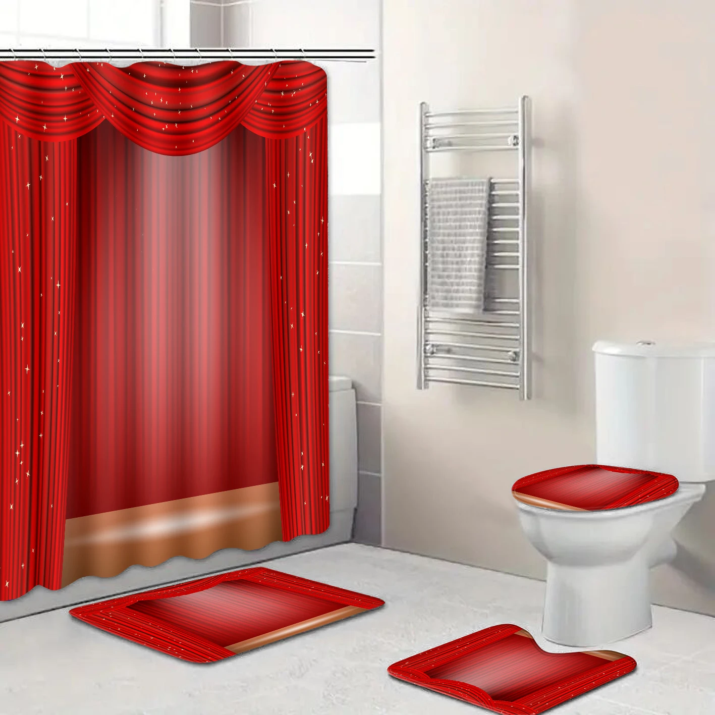 1pc/4pcs star stage shower curtain, polyester waterproof and mold-proof flash bathroom set accessories