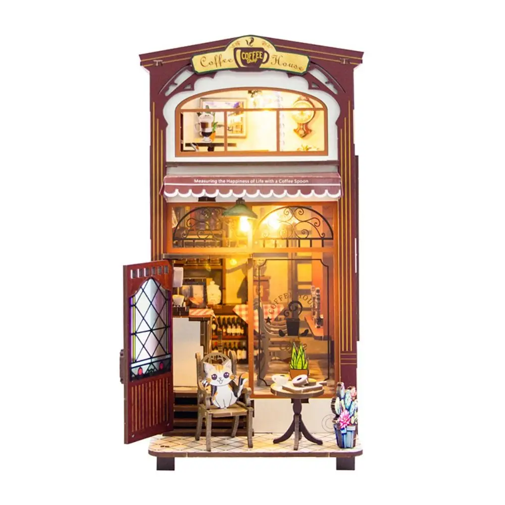 Coffee House Assembling Model Toy DIY 3D Assembly Wooden Dollhouse Doll House Accessories with LED Light