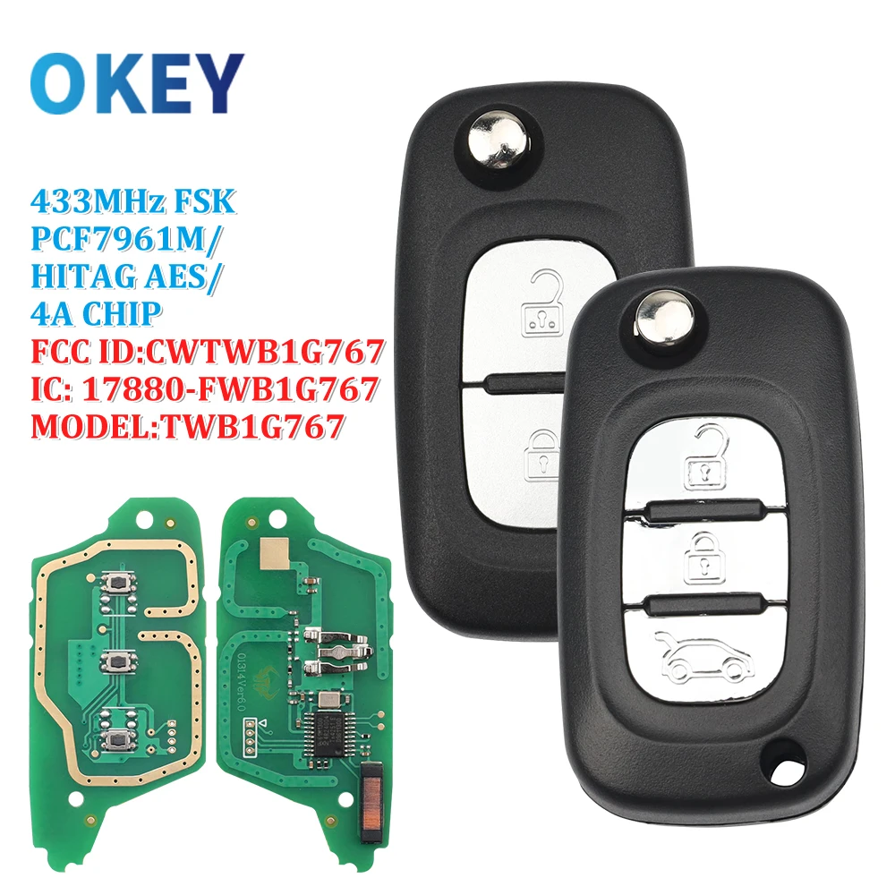 Okey Remote Smart Flip Car Key 433MHz PCF7961M HITAGS AES 4A Chip For Renault Megane III Twingo CWTWB1G767 Mercedes Benz Smart 