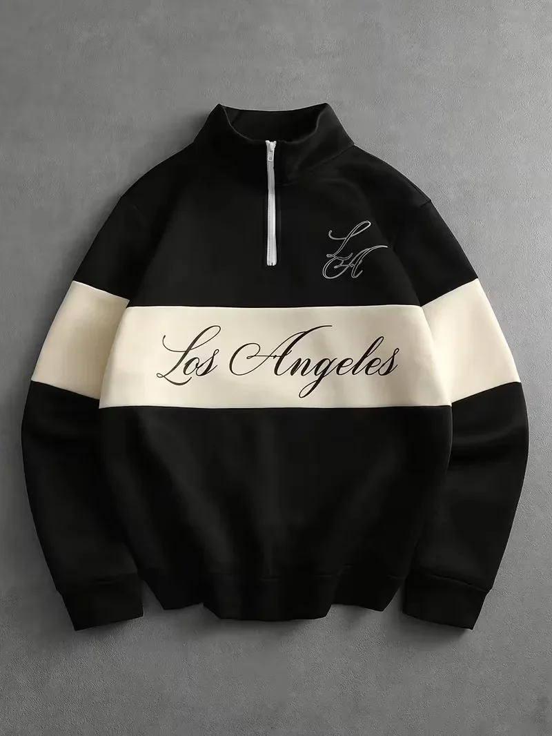 Fashion Color Blocking Letter Printing Men's Clothes Casual Half Zip Long Sleeve Sweatshirts Street Trend Stand Collar Hoodies