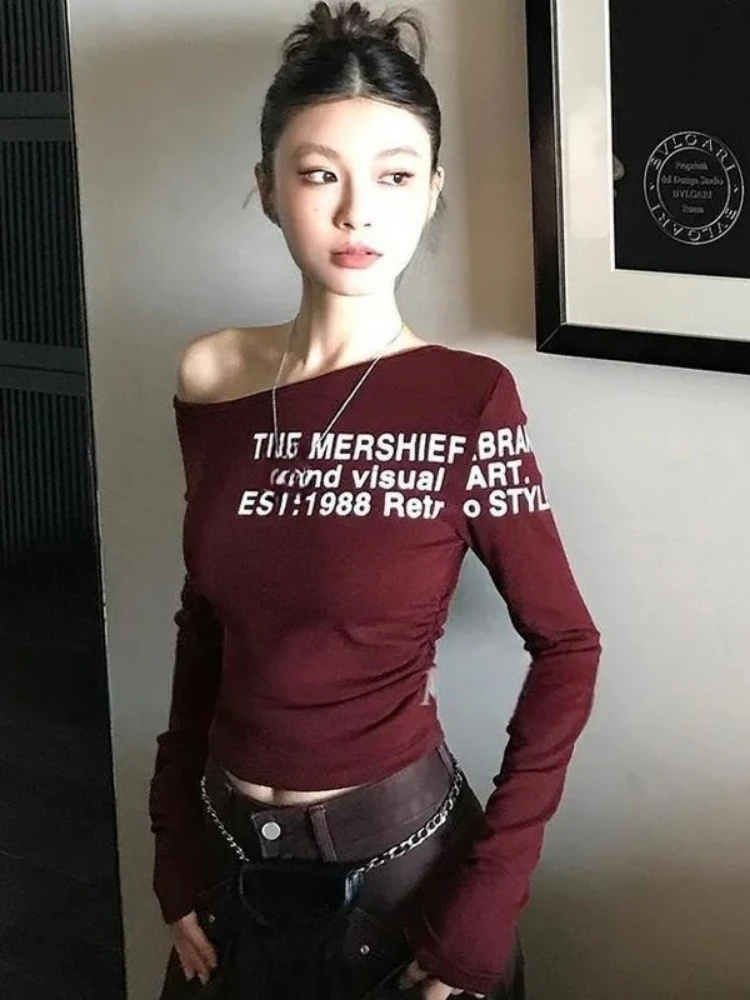 

Y2k Aesthetic Slash Neck Vintage Cropped T-shirt Streetwear Letter Printing Autumn Tshirts Women Grunge ​Harajuku Pleated Tees