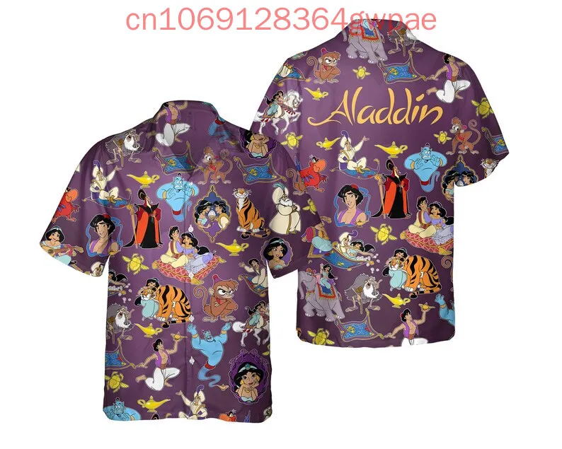 Camisa hawaiana Disney Aladdin Genie para hombres, mujeres y niños, pantalón corto informal de verano, camisas de playa de manga, camisas hawaianas de moda