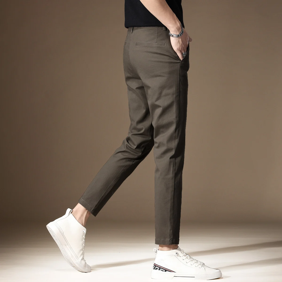 

High-End Brown Nine-Piece Men's Casual Pants Fce-Lined Slim Fit Cotton Busin Straight Leg Trousers for Autumn