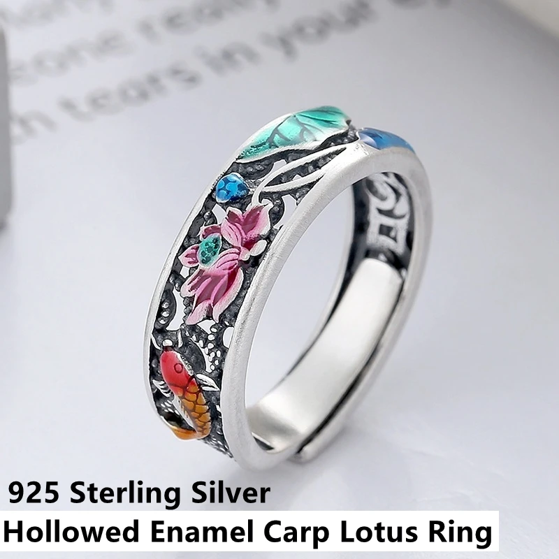 

Langyan 925 Sterling Silver Hollowed Enamel Carp Lotus Ring Ethnic Vintage Matte Open Ring for Women Adjustable Jewelry JZ166
