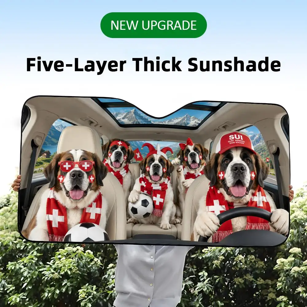 A five-layer thick car windshield sunshade with a funny graphic print of Saint Bernard dogs throwing a soccer party.
