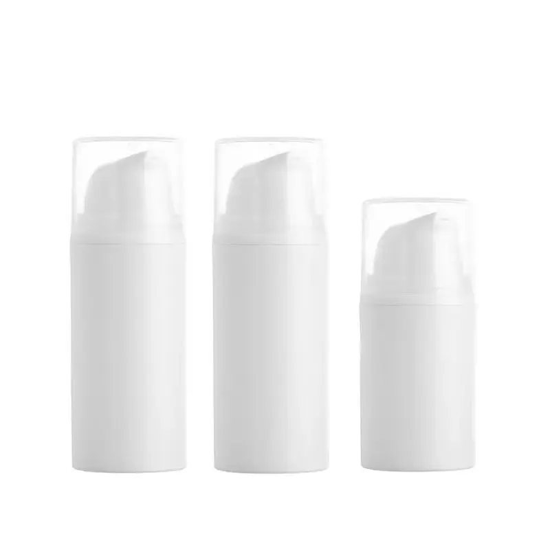 

30Pcs Lotion Refillable Bottles White Crimp Pump Clear Plastic Cover 15ml 30ml 50ml Empty Essence Eye Cream Airless Bottles