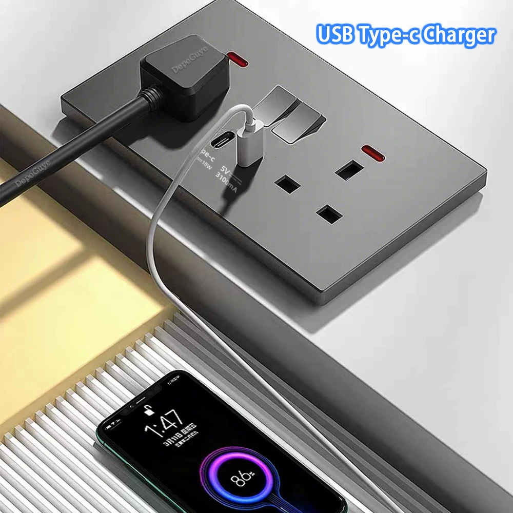 Picture 6: 18W Type-C Plug Quick Charging Universal 5-pin Dual Power Socket,UK Standard 13A Wall Socket with DC 5V 3.1A Type-c USB Charger