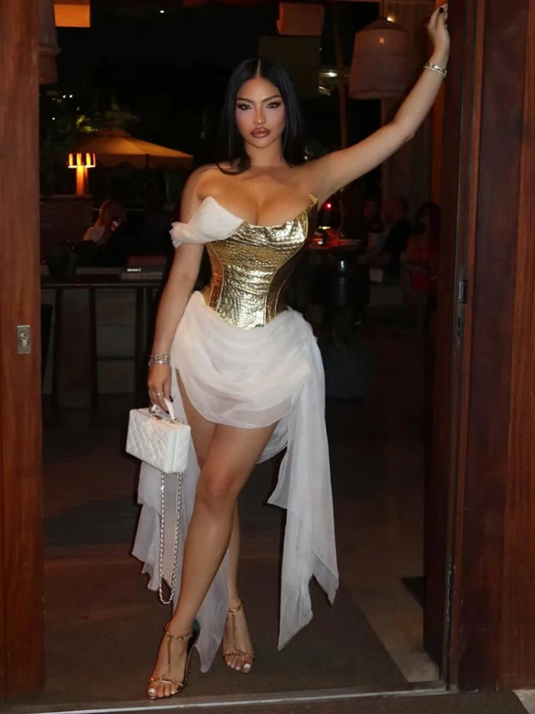 SIsterlinda Patchwork Corset Irregular Dress Women Zip Tassel Mesh Ribbon One-Shoulder Birthday Stretch Clubwear Mini Bodycon