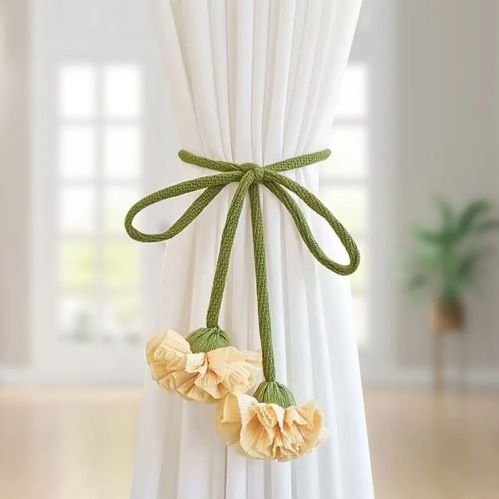 Elastic Band Curtain Tieback Flower Shape No Punching Window Curtain Buckles Tassels Adjustable Curtain Rope Holders Living Room