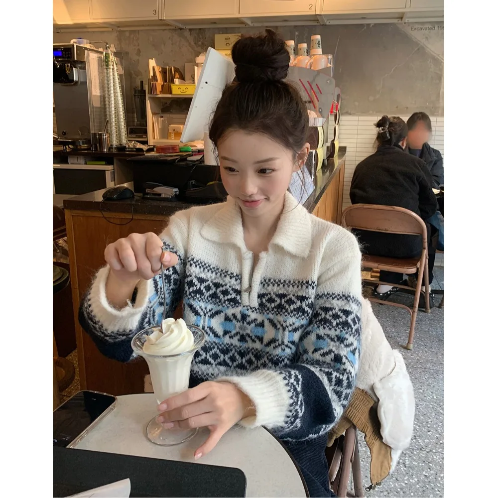 Retro koreański sweter rozpinany z dzianiny w stylu Fair Isle, damski, jesienno-zimowy, luźny sweter z kołnierzykiem typu jaet, mały rozmiar