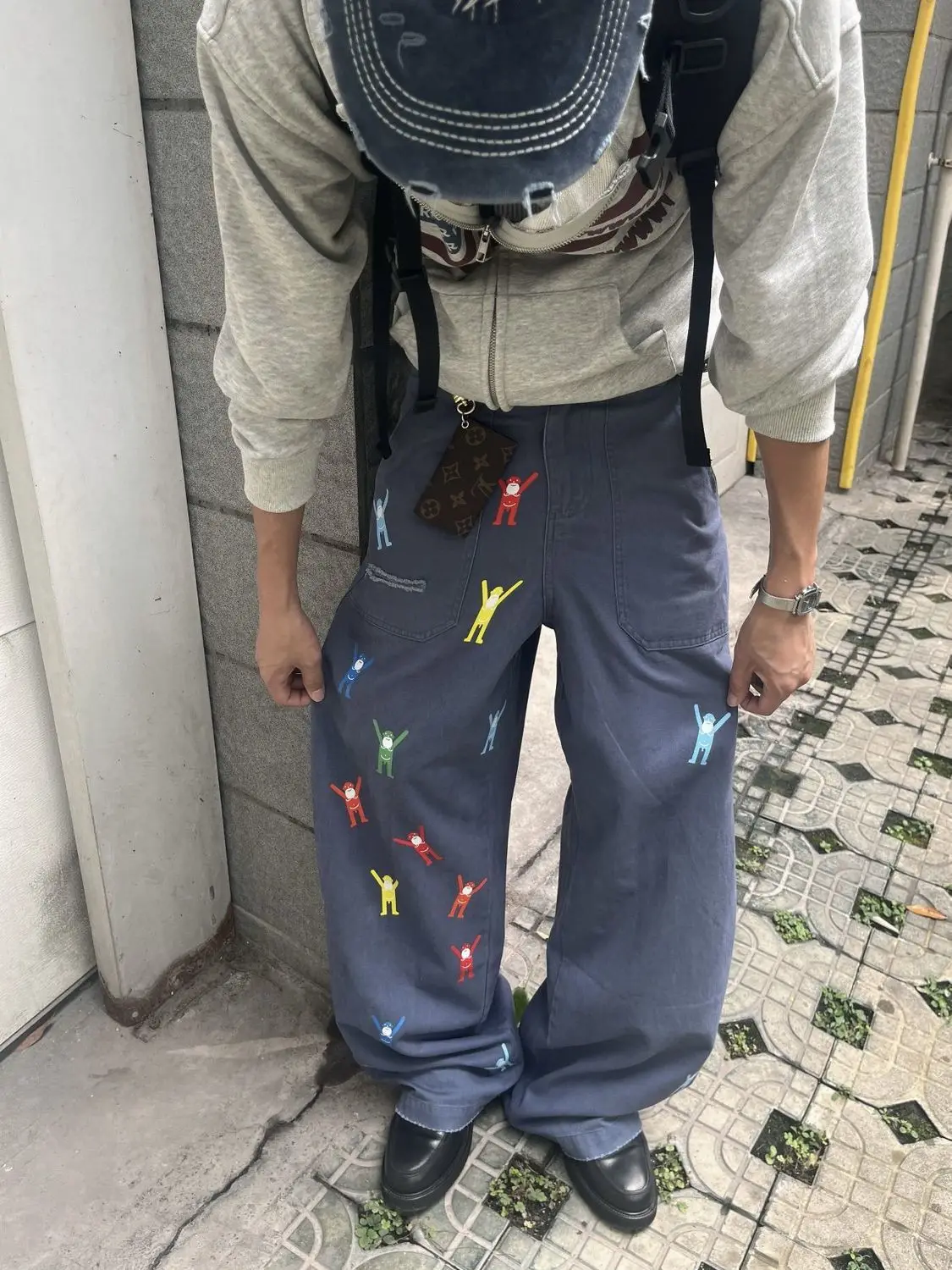 Men's Fun Printed Pattern Casual Pants Street Irregular Design Sweatpants Young Boy Vibe Bottom Male High Waist Y2k Trousers